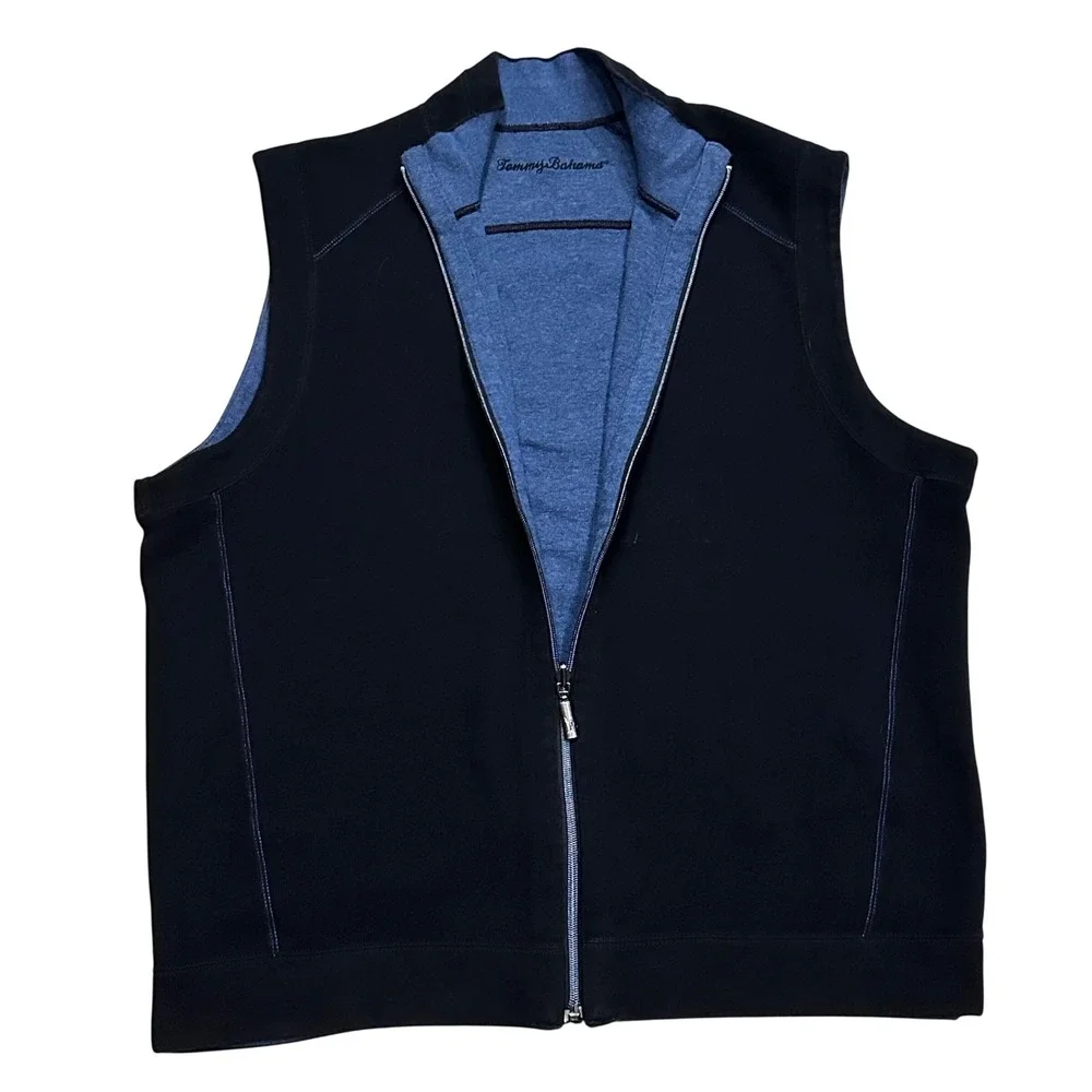 Tommy Bahama Mens Reversible Vest Full Zip Black Blue XL Cotton Mock Neck Casual